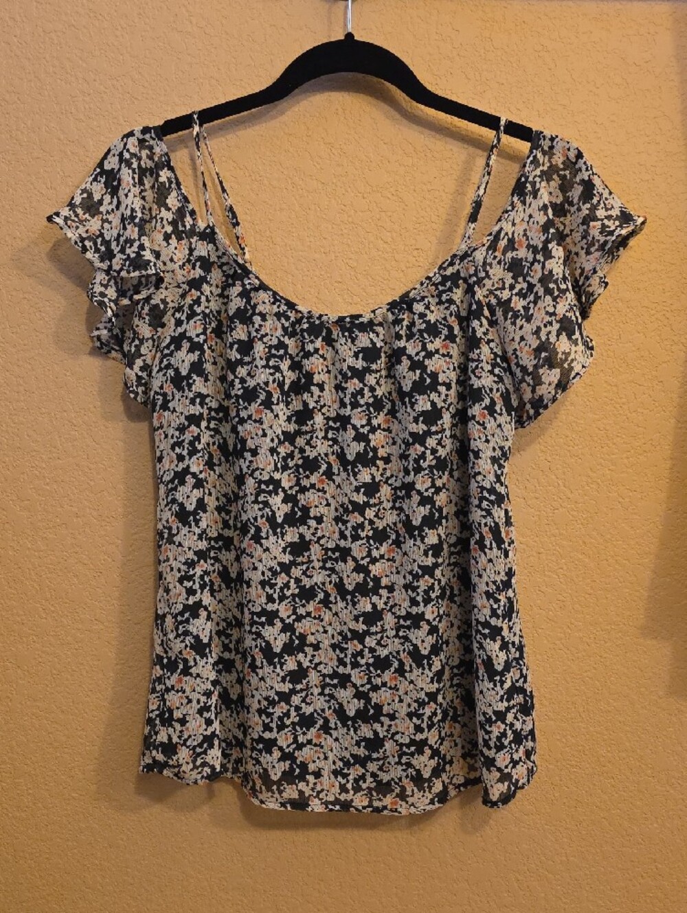 Black Floral Top with White and Peach Blossoms